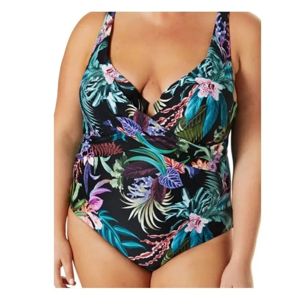 Terra and Sky Bathing Suit Black Floral One Piece Slimming Women's Plus Size 5X - Picture 3 of 13